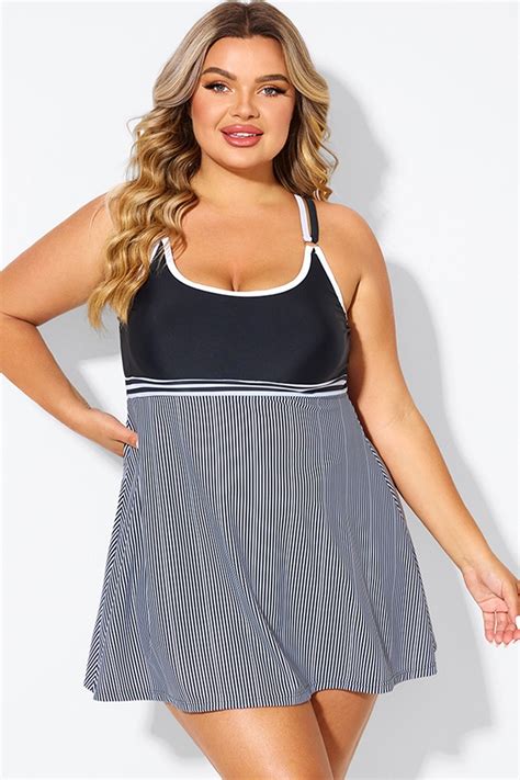 Black White Criss Cross Striped Double Strap Swimdress Meet Curve