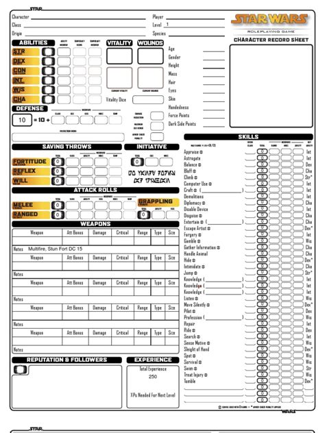 Editable Character Sheet Star Wars D20 Roleplaying Game Revised