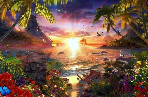 Day In Paradise Beach Sunset Fantasy Sea Hd Wallpaper Peakpx