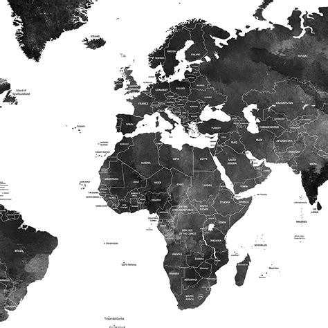 World Map Black And White Poster Detailed Art Prints Vicky