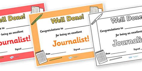Free Journalist Journalism Award Certificate Twinkl