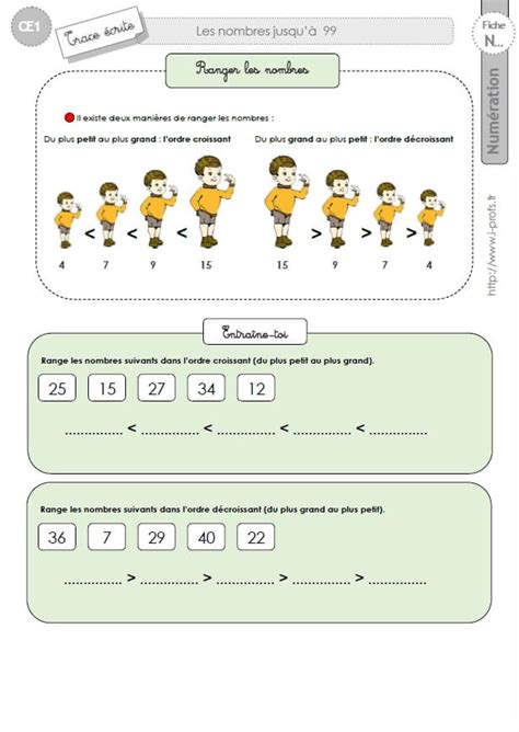 Ce1 Cycle2 Trace Ecrite Comparer Et Ranger Les Nombres Jusquà 99