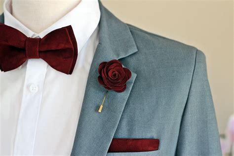 Leather Burgundy Rose Flower Pin Bow Tie Mens Set Burgundy Etsy