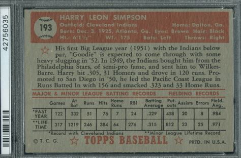 1952 Topps 193 Harry Simpson Psa 5 6035