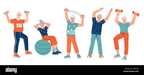 Elderly Senior Active People Cartoon Characters Doing Sport Exercises