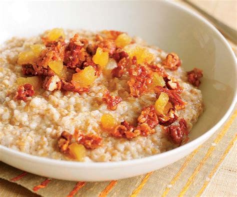 Creamy Coconut Oatmeal With Dried Peaches And Candied Coconut Pecans