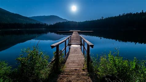Bright Calm Blue Dawn Environment Lake Landscape Moon Mountains