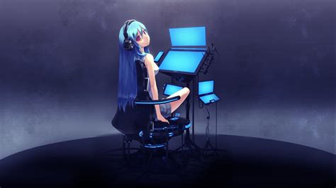 Anime Anime Girls Original Characters Blue Hair Headphones