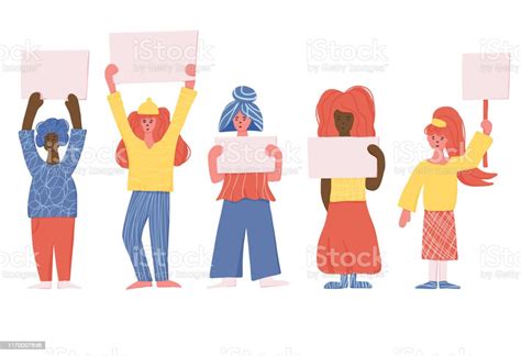 Group Of Young Woman Holding Banners Blanks Stock Illustration