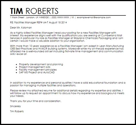 Facilities Manager Cover Letter Sample Livecareer