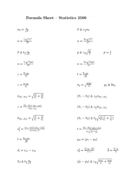 Formula Sheet 2500 Formula Sheet — Statistics 2500 0— — A J5 L