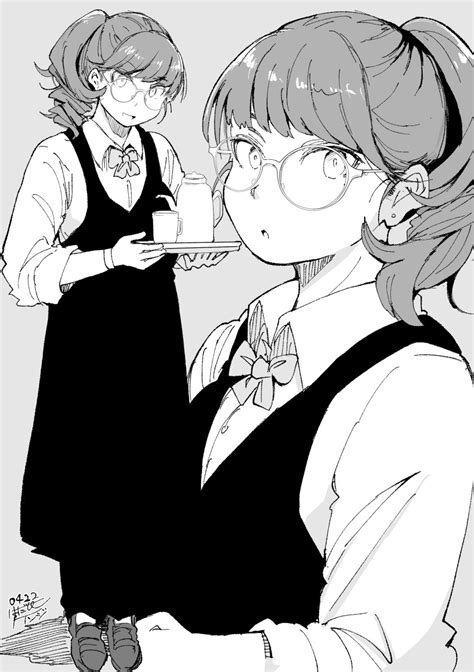 Safebooru 1girl Absurdres Apron Bow Earrings Glasses Greyscale Hadashi No Kenji Highres