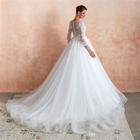Discountnew Elegant Long Sleeves A Line Wedding Dresses Sheer Crew Neck