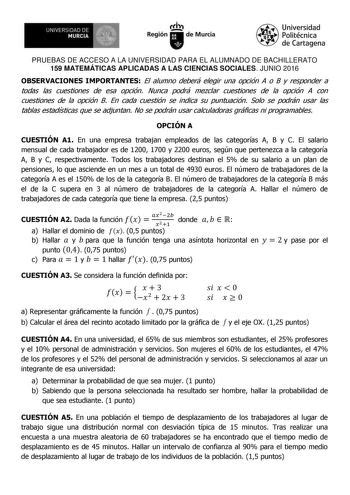 Examen de Matemáticas Aplicadas a las Ciencias Sociales de Murcia PAU de Descargar