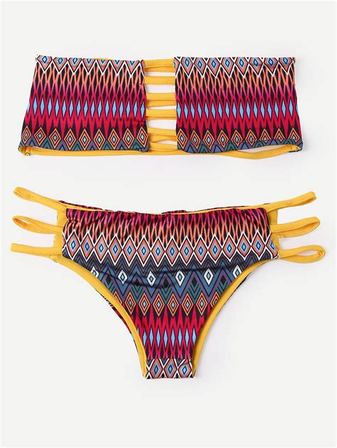 Shop Strappy Multicolor Tribal Print Bandeau Bikini Set Online Shein
