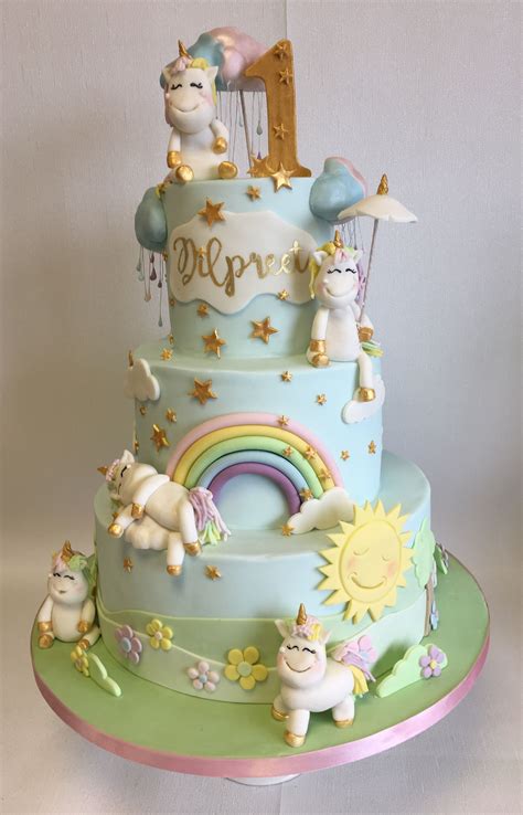 3 Tier Pastel Rainbow Unicorn Theme 1st Birthday Cake Festa