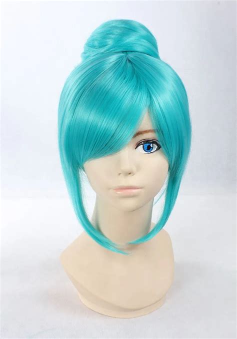 High Quality Thick 45cm Short Straight Blue Wigs With Bun Anime