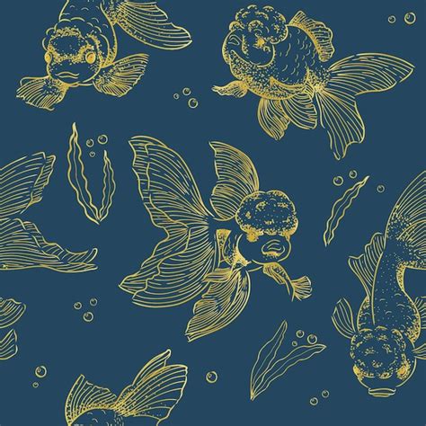 Premium Vector Vector Golden Line Art Goldfish Seamless Pattern