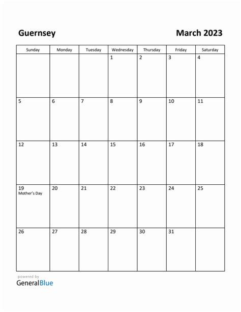 Free Printable March 2023 Calendar For Guernsey