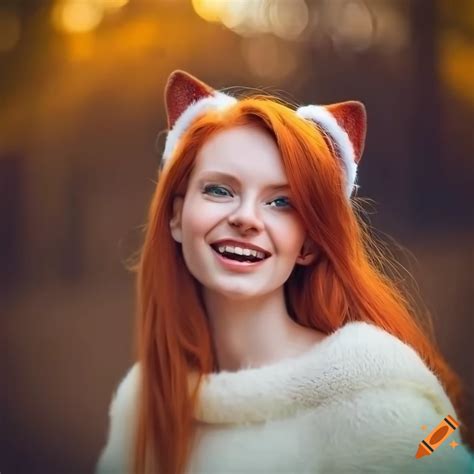 Smiling Woman With Red Hair In A Fluffy White Sweater And Cat Ears
