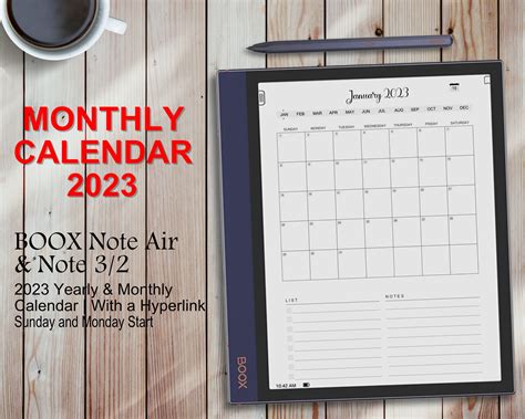 Boox Note Air Templates 2023 Yearly And Monthly Calendar Etsy
