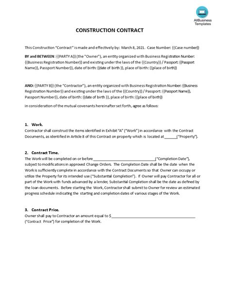 Free Construction Contract Template Of Contract Templ