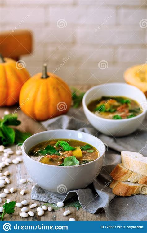 Tuscan White Bean And Butternut Squash Soup Style Rustic Stock Photo