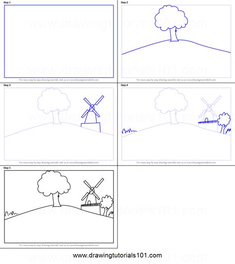 Add the lake, tree and windmill. How to Draw a Farm Windmill Landscape printable step by step drawing sheet : DrawingTutorials101.com