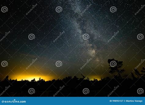 Colorful Milky Way Galaxy Seen In Night Sky Over Trees Stock Image