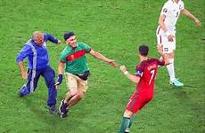 crazy fan ronaldo moment runs cristiano pitch hug him into he shocked evade zealous portugal tried could face his over