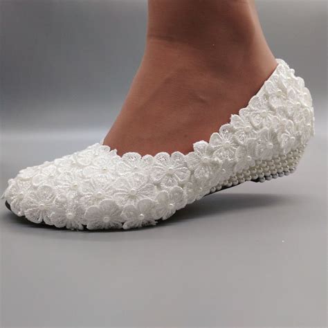 3cm Low Wedges Heel White Lace Wedding Shoes Woman Ivory Pearls Lace