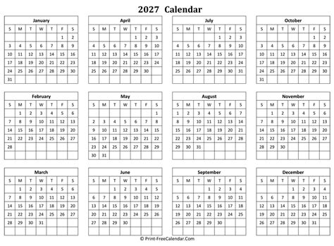 Calendar Yearly 2027 Landscape Layout