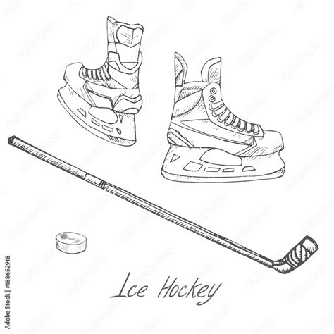 Ice Hockey Skates Stick And Puck Hand Drawn Doodle Sketch With