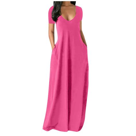 Buy Women Casual Maxi Dress Solid Short Sleeve Side Pocket Long Dress Summer Beach Dress