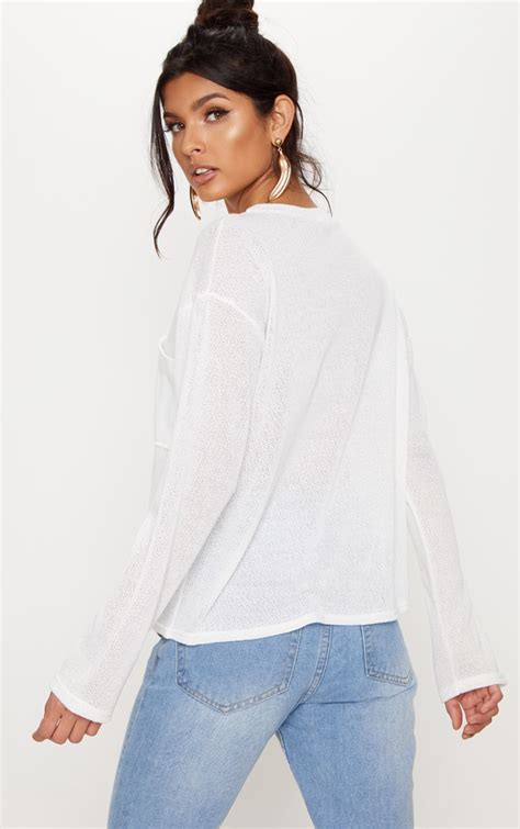 White Lightweight Knit Long Sleeve Top Tops Prettylittlething Ksa