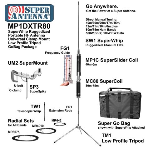 Super Antenna Mp1dxtr80 Hf Superwhip Tripod All Band 80m Mp1 Antenna With Clamp Mount And Go Bag