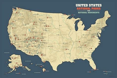 Us National Parks And National Monuments Map Poster