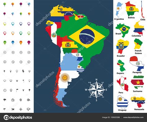 Mapa Jižní Ameriky Vlajkou Země Vektorové Ilustrace — Stock Vektor