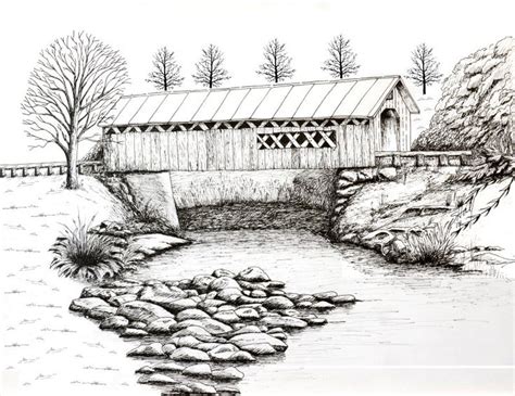 Covered Bridge 2 Landscape Drawings Art Drawings Beautiful Covered