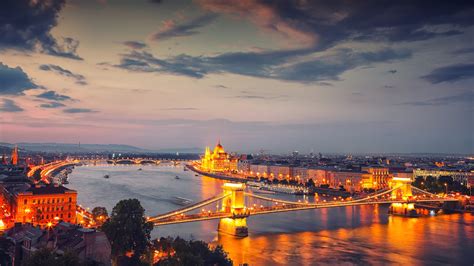 Budapest City Night Scene View At Chain Bridge River Danube And