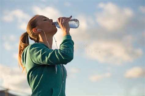 Blond Girl Drinking Water After Sport Activities Stock Image Image Of