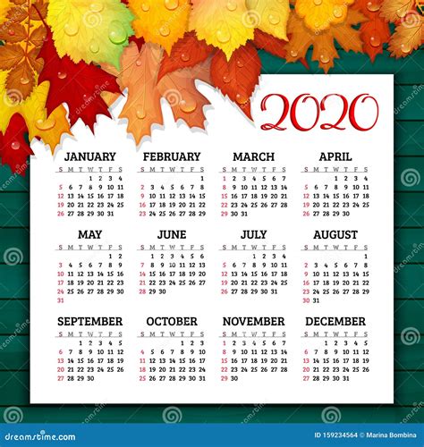 Calendar For 2020 Year With Colorful Autumn Leaves On Wooden Background