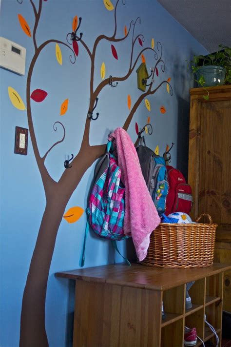 Hubby Painted A Tree On Our Wallattached Hooks For Kids To Hang
