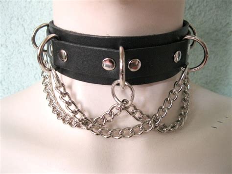 Black Leather Choker Collar With D Rings And Chain Etsy