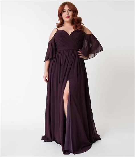 Plus Size Plum Purple Off The Shoulder Flutter Sleeves Pleated Chiffon
