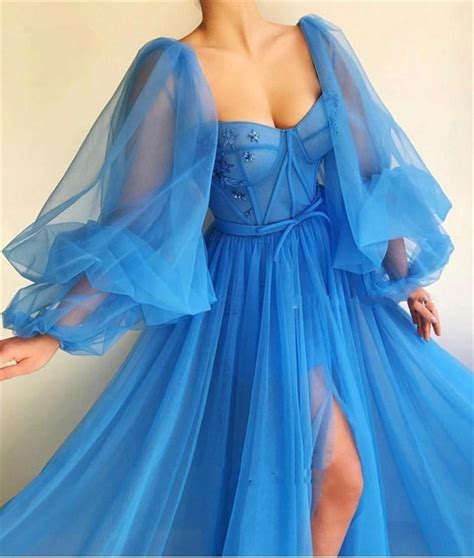 2020 Long Puffy Sleeves Blue Prom Dresses Tulle Backless Lace Up