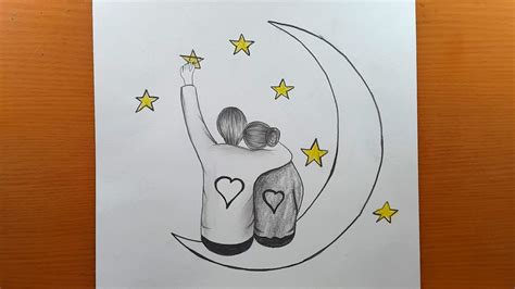 Desenho Fácil Como Desenhar Um Casal Romântico Sentado Na Lua Com