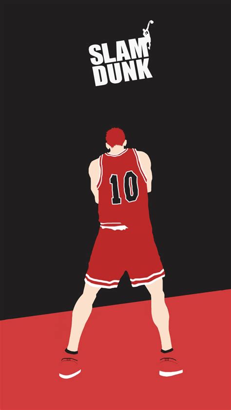 A Man In A Red Basketball Uniform With The Words Slam Dunk On His Back