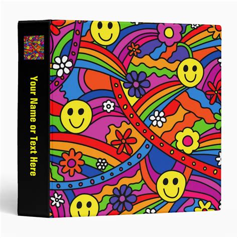 smiley face rainbow and flower hippy pattern 3 ring binder zazzle
