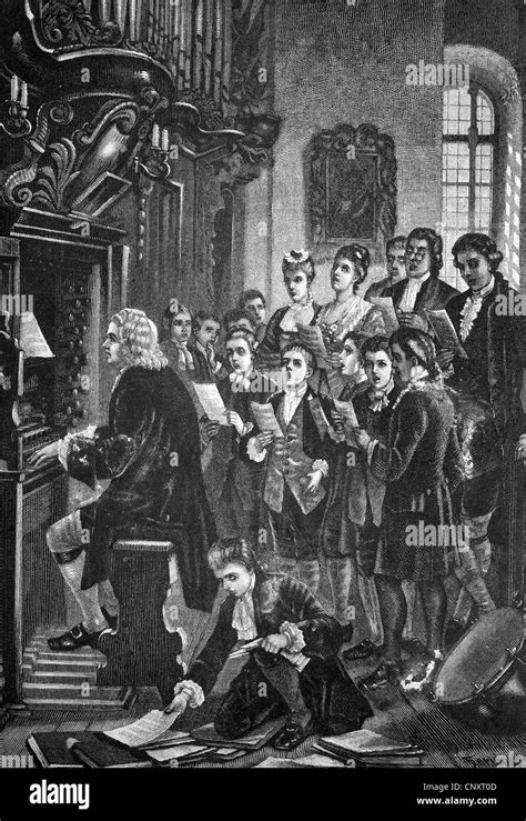 Johann Sebastian Bach playing an organ during a choir rehearsal Stock